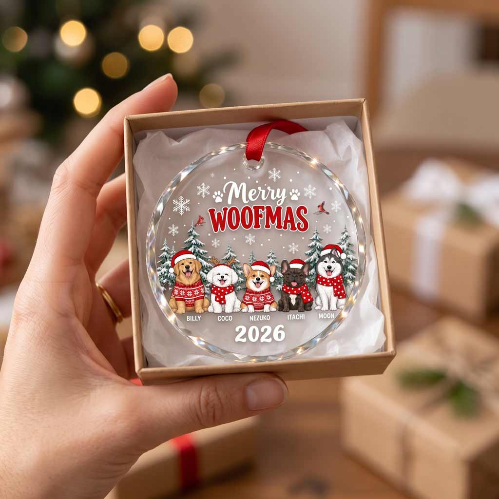 Merry Woofmas 2026 Holiday Keepsake Personalized Dog Round Glass Christmas Ornament