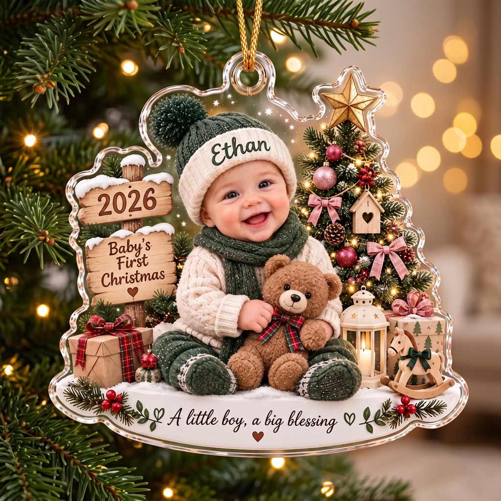 Baby's First Christmas Little Blessing 2026 Custom Face Name Newborn Keepsake Acrylic Christmas Ornament