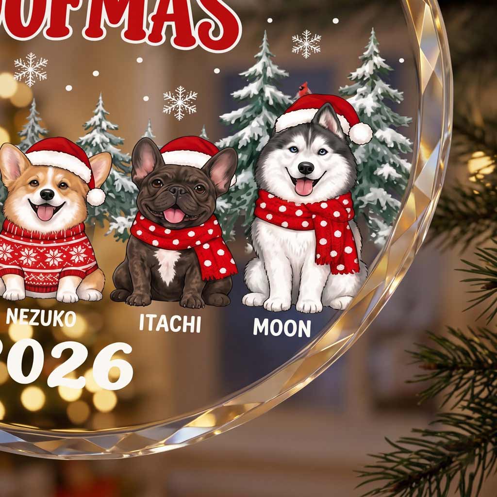 Merry Woofmas 2026 Holiday Keepsake Personalized Dog Round Glass Christmas Ornament