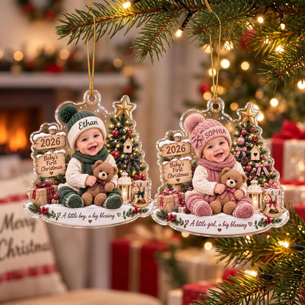 Baby's First Christmas Little Blessing 2026 Custom Face Name Newborn Keepsake Acrylic Christmas Ornament
