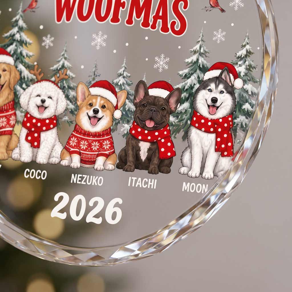 Merry Woofmas 2026 Holiday Keepsake Personalized Dog Round Glass Christmas Ornament