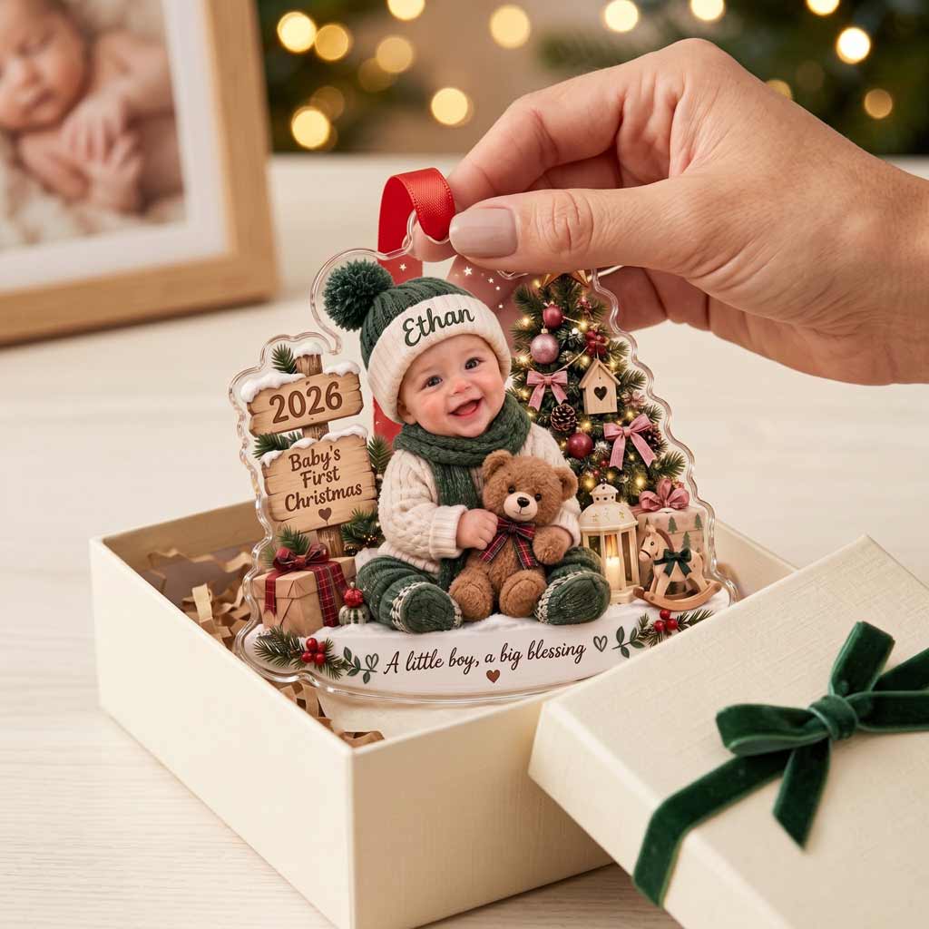 Baby's First Christmas Little Blessing 2026 Custom Face Name Newborn Keepsake Acrylic Christmas Ornament