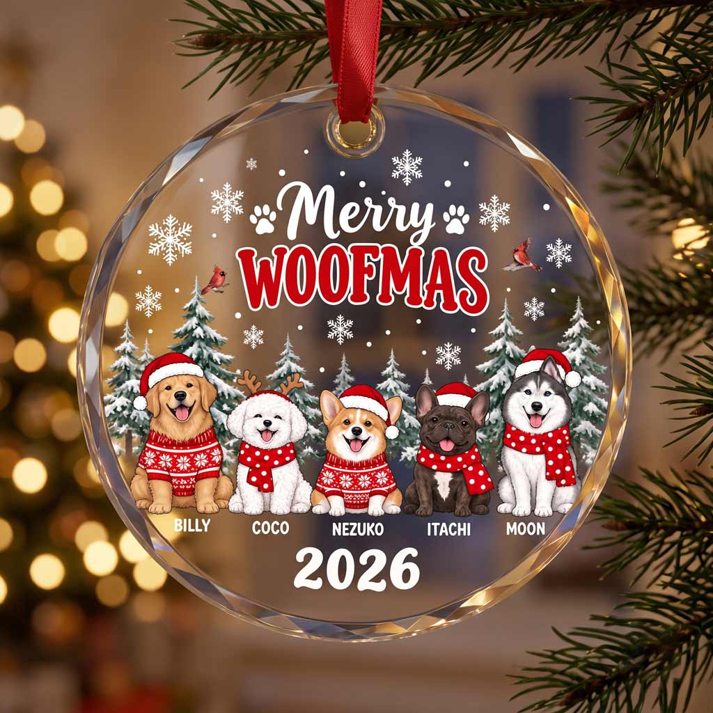Merry Woofmas 2026 Holiday Keepsake Personalized Dog Round Glass Christmas Ornament