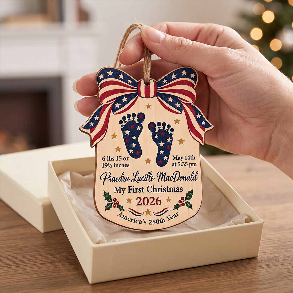My First Christmas Personalized Newborn Custom Name Birth Details Patriotic America's 250th Year Wooden Ornament