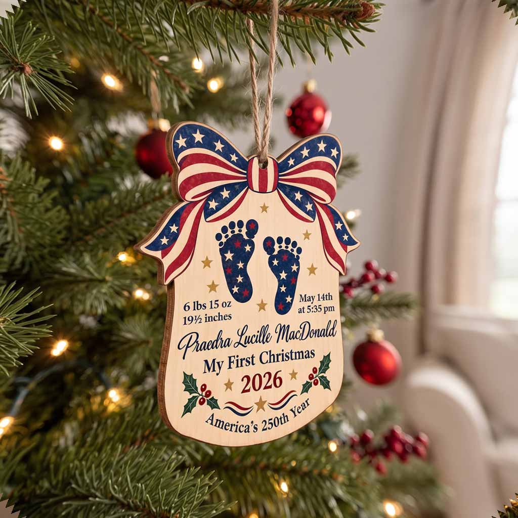 My First Christmas Personalized Newborn Custom Name Birth Details Patriotic America's 250th Year Wooden Ornament