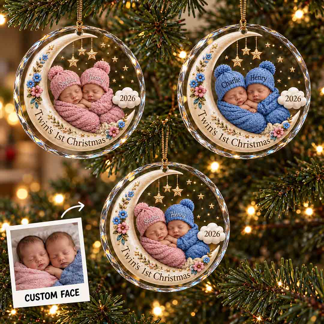 Twins' First Christmas 2026 Baby in Moon and Stars Photo Keepsake Personalized Newborn Round Glass Christmas Ornament