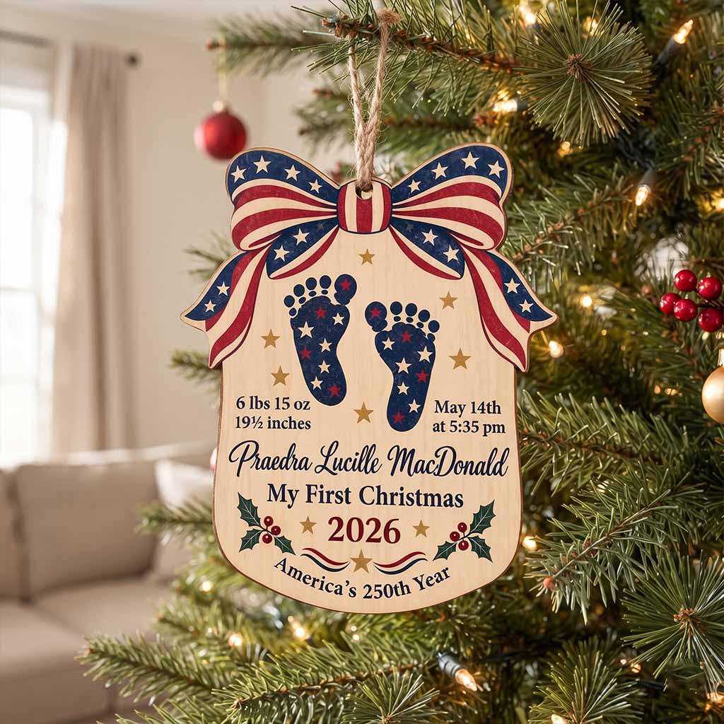 My First Christmas Personalized Newborn Custom Name Birth Details Patriotic America's 250th Year Wooden Ornament
