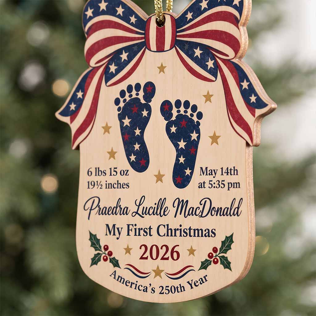 My First Christmas Personalized Newborn Custom Name Birth Details Patriotic America's 250th Year Wooden Ornament