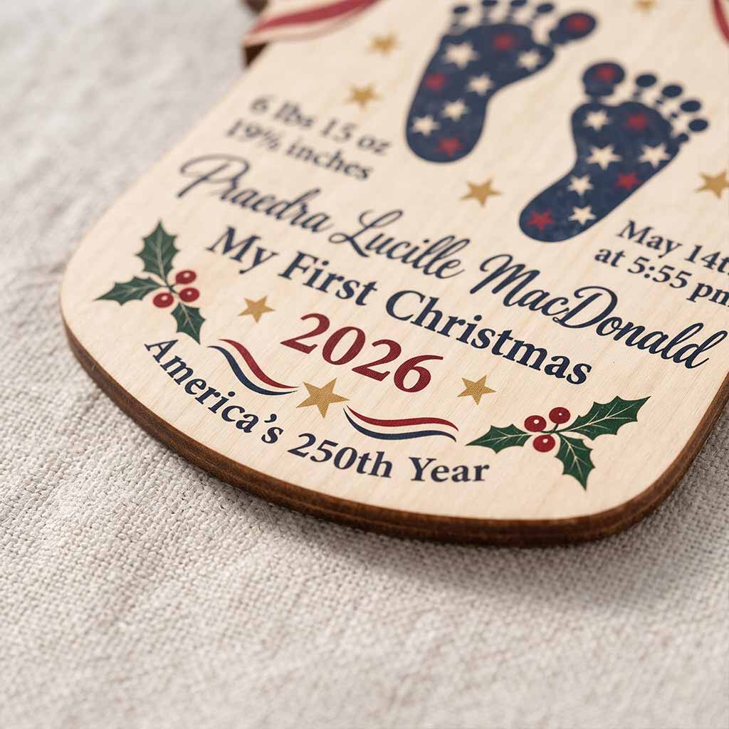 My First Christmas Personalized Newborn Custom Name Birth Details Patriotic America's 250th Year Wooden Ornament