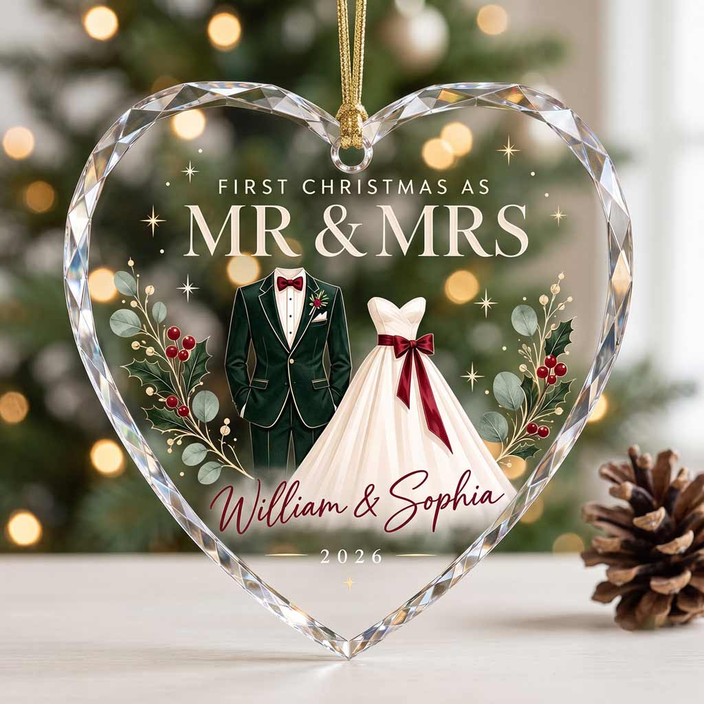 First Christmas As Mr & Mrs Wedding Suit And Dress Custom Name & Date Couple Newlywed Gift Heart Glass Ornament