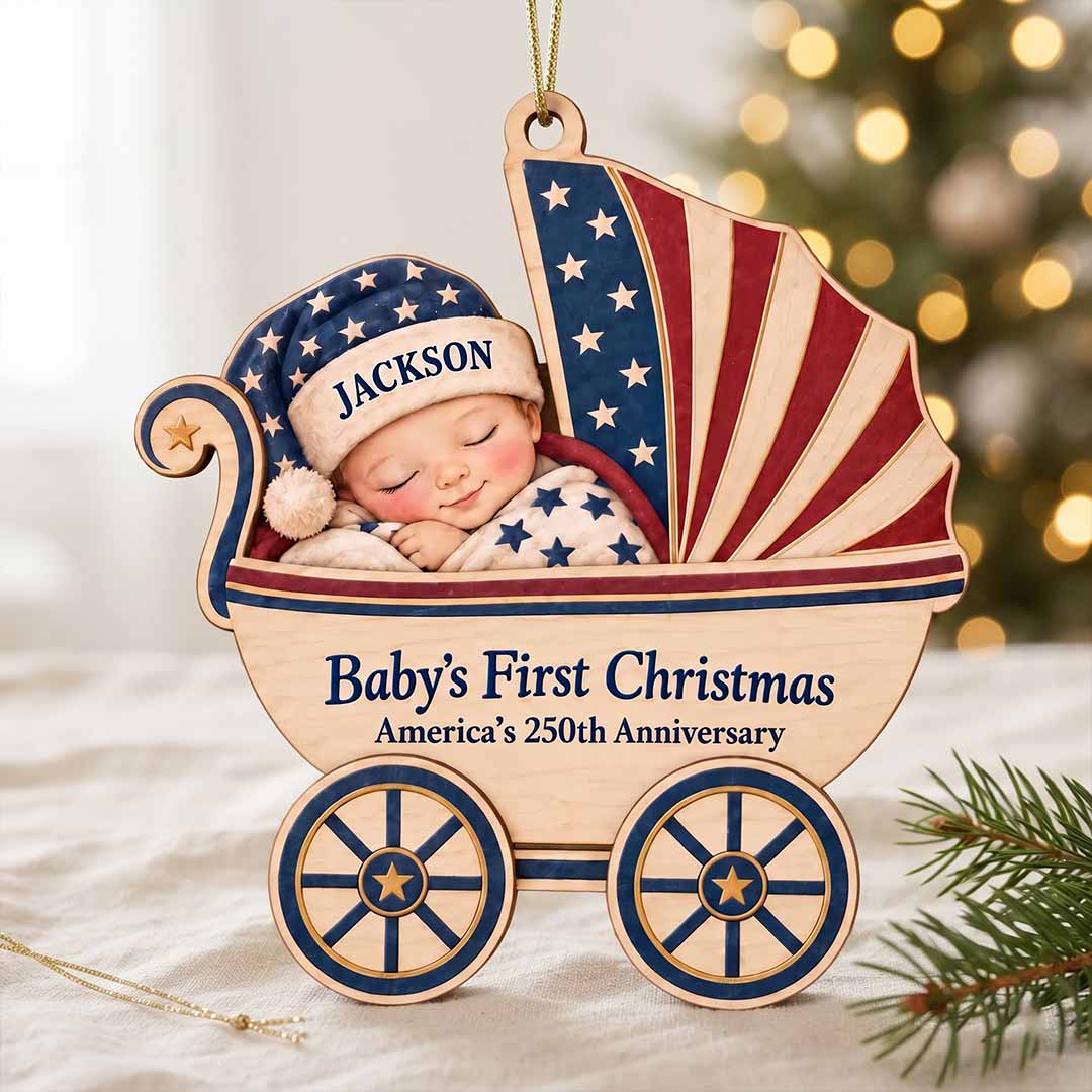 Baby's First Christmas 2026 Patriotic Baby Carriage Custom Name Date Newborn America's 250th Wooden Ornament