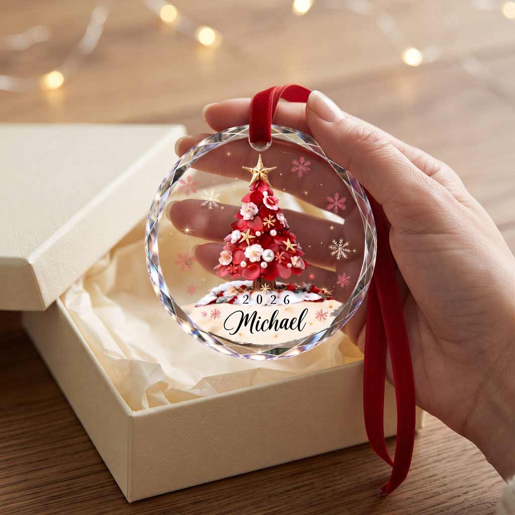Red Floral Christmas Tree 2026 Custom Name Holiday Keepsake Round Glass Christmas Ornament