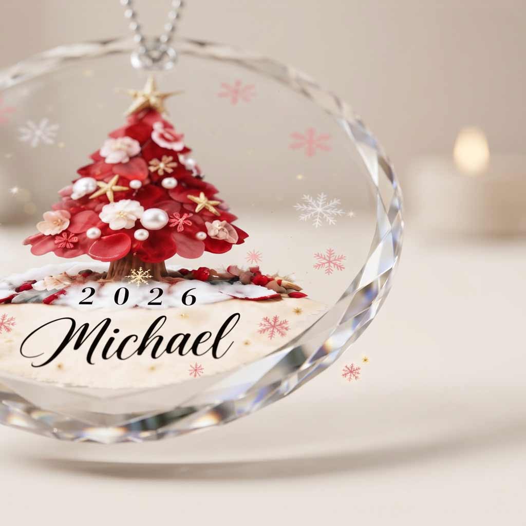 Red Floral Christmas Tree 2026 Custom Name Holiday Keepsake Round Glass Christmas Ornament