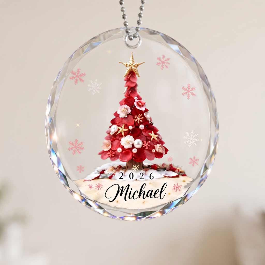 Red Floral Christmas Tree 2026 Custom Name Holiday Keepsake Round Glass Christmas Ornament