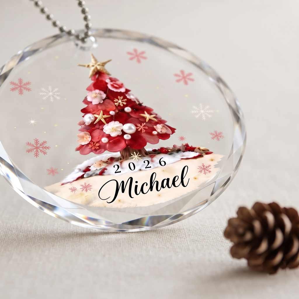 Red Floral Christmas Tree 2026 Custom Name Holiday Keepsake Round Glass Christmas Ornament