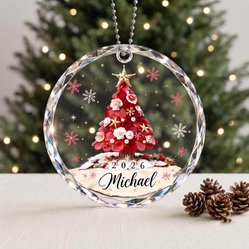 Red Floral Christmas Tree 2026 Custom Name Holiday Keepsake Round Glass Christmas Ornament