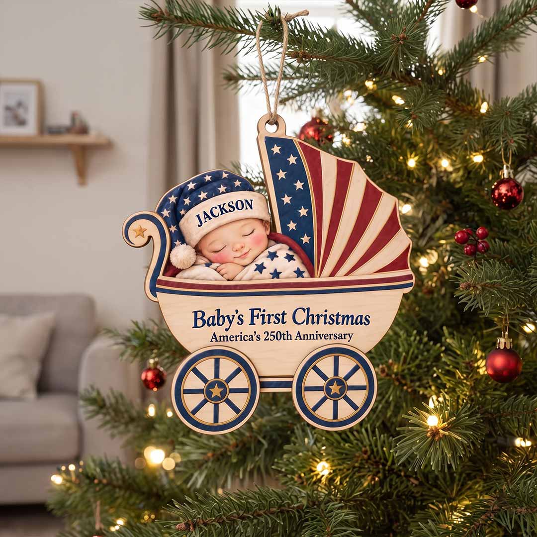 Baby's First Christmas 2026 Patriotic Baby Carriage Custom Name Date Newborn America's 250th Wooden Ornament