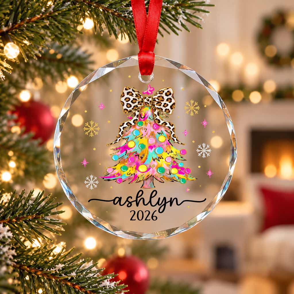 Colorful Christmas Tree Leopard Bow 2026 Custom Name  Christmas Keepsake Round Glass Christmas Ornament