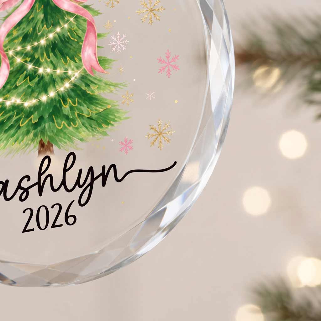 Pink Bow Christmas Tree 2026  Soft Girl Christmas Keepsake Round Glass Christmas Ornament