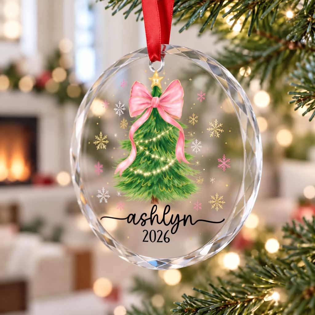Pink Bow Christmas Tree 2026  Soft Girl Christmas Keepsake Round Glass Christmas Ornament