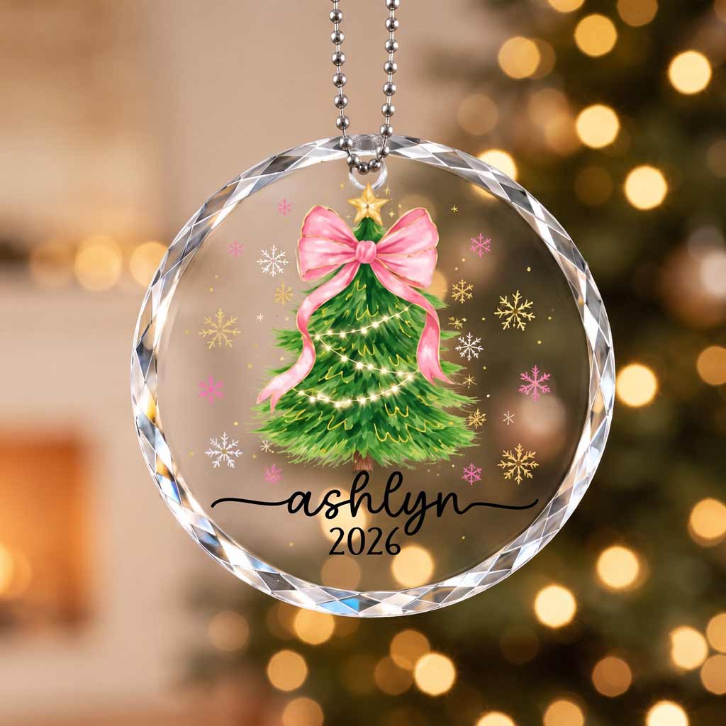 Pink Bow Christmas Tree 2026  Soft Girl Christmas Keepsake Round Glass Christmas Ornament