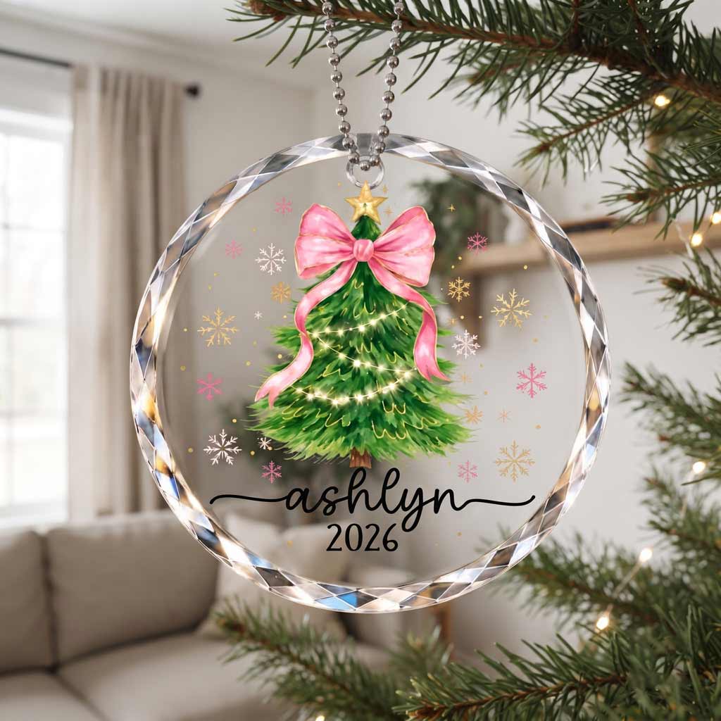 Pink Bow Christmas Tree 2026  Soft Girl Christmas Keepsake Round Glass Christmas Ornament