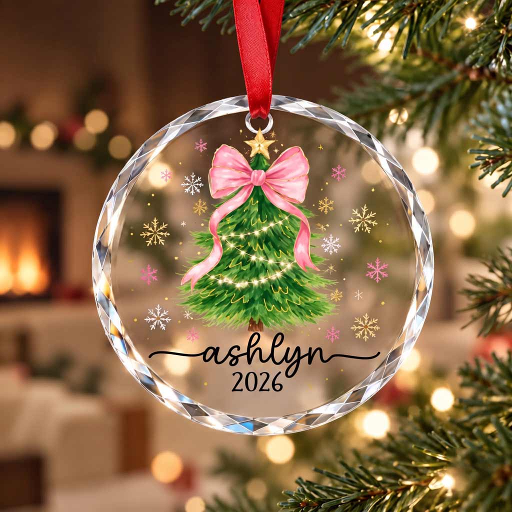 Pink Bow Christmas Tree 2026  Soft Girl Christmas Keepsake Round Glass Christmas Ornament