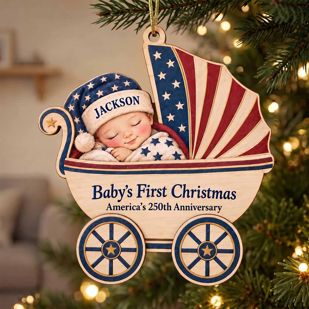 Baby's First Christmas 2026 Patriotic Baby Carriage Custom Name Date Newborn America's 250th Wooden Ornament
