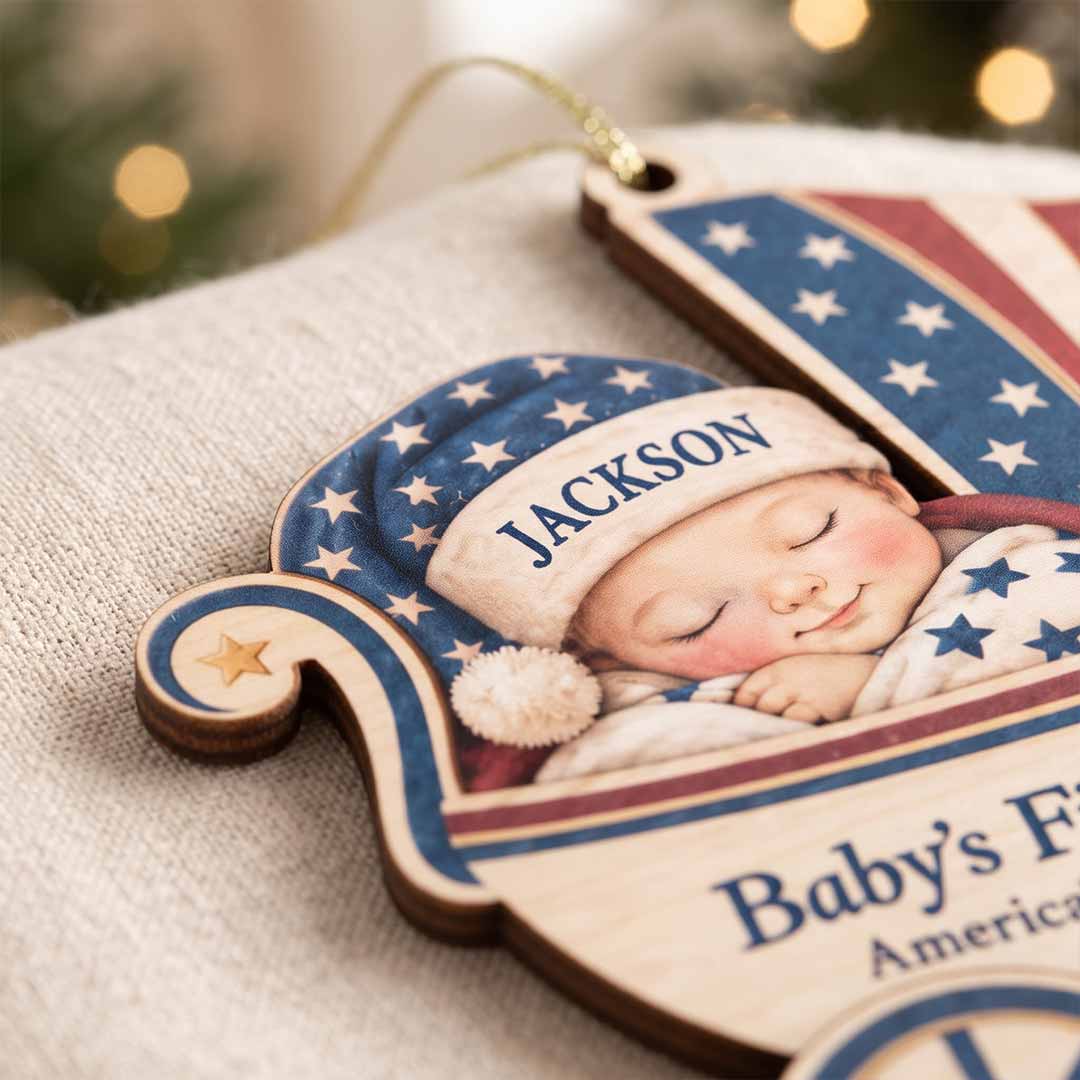 Baby's First Christmas 2026 Patriotic Baby Carriage Custom Name Date Newborn America's 250th Wooden Ornament