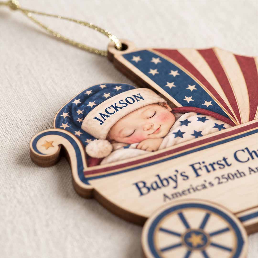Baby's First Christmas 2026 Patriotic Baby Carriage Custom Name Date Newborn America's 250th Wooden Ornament