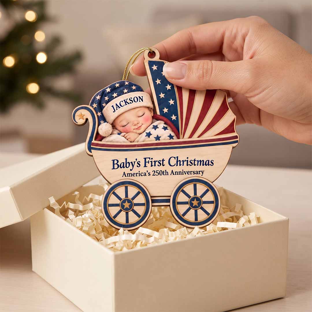 Baby's First Christmas 2026 Patriotic Baby Carriage Custom Name Date Newborn America's 250th Wooden Ornament