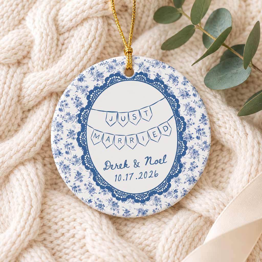 Just Married Blue Floral Custom Gift Wedding Couple Newlywed Keepsake Round Ceramic Ornament