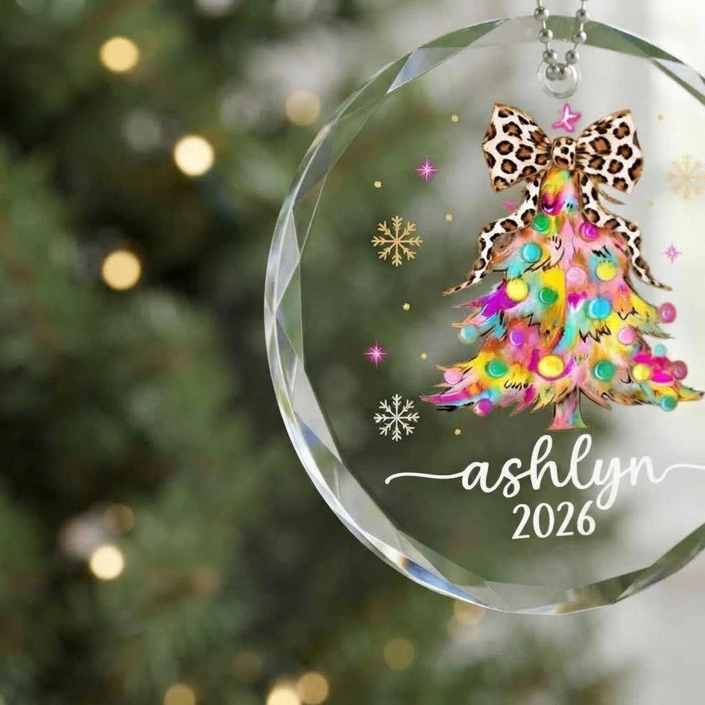 Colorful Christmas Tree Leopard Bow 2026 Custom Name  Christmas Keepsake Round Glass Christmas Ornament