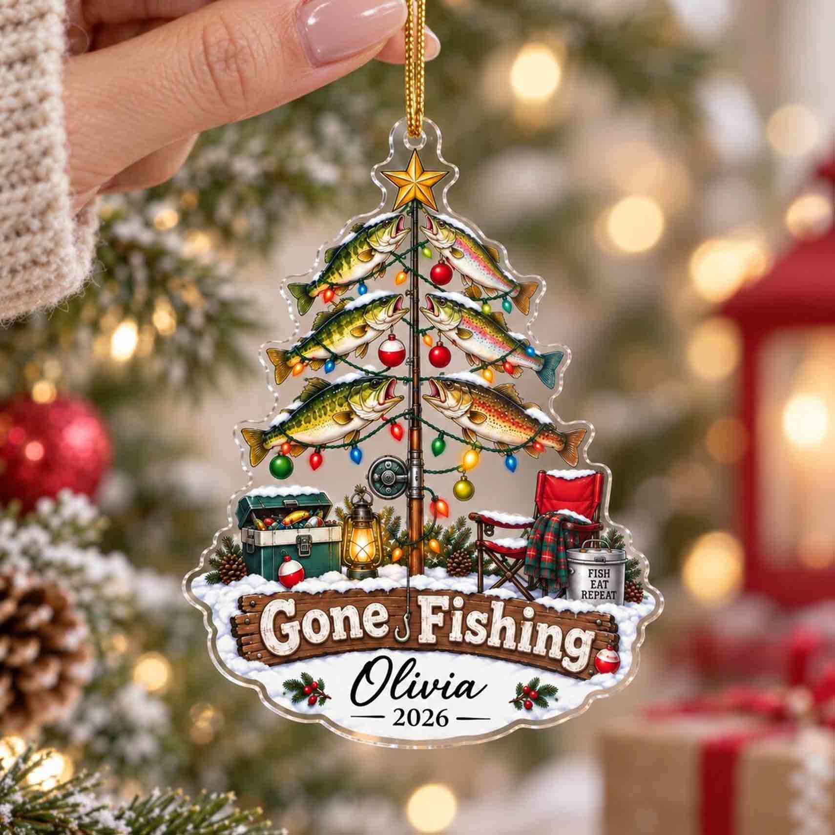 Gone Fishing Christmas Tree Custom Name Date Fishing Acrylic Ornament