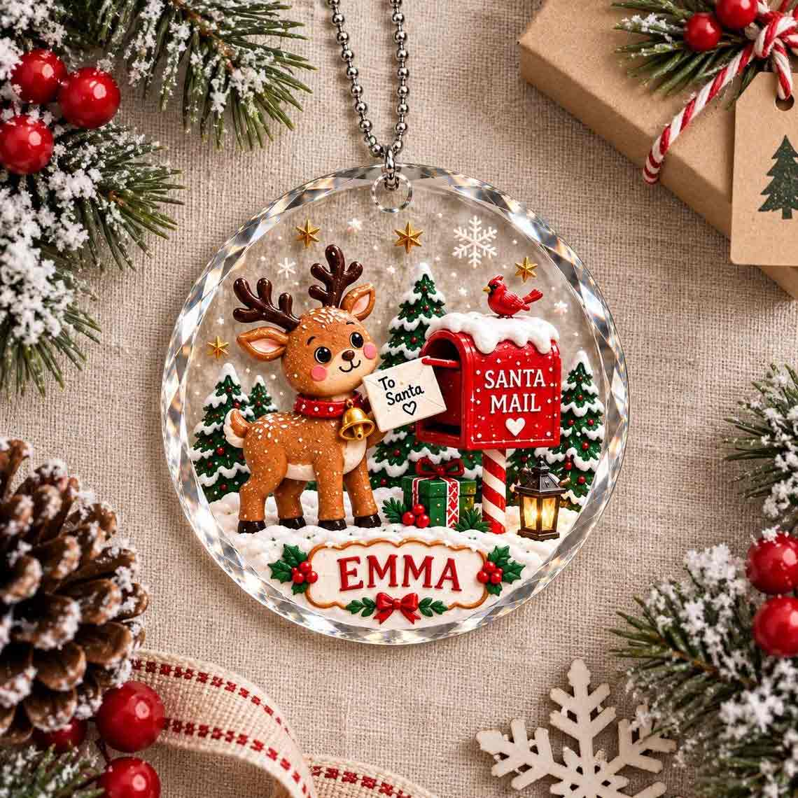 Santa Mail Reindeer Christmas Custom Name Round Glass Ornament