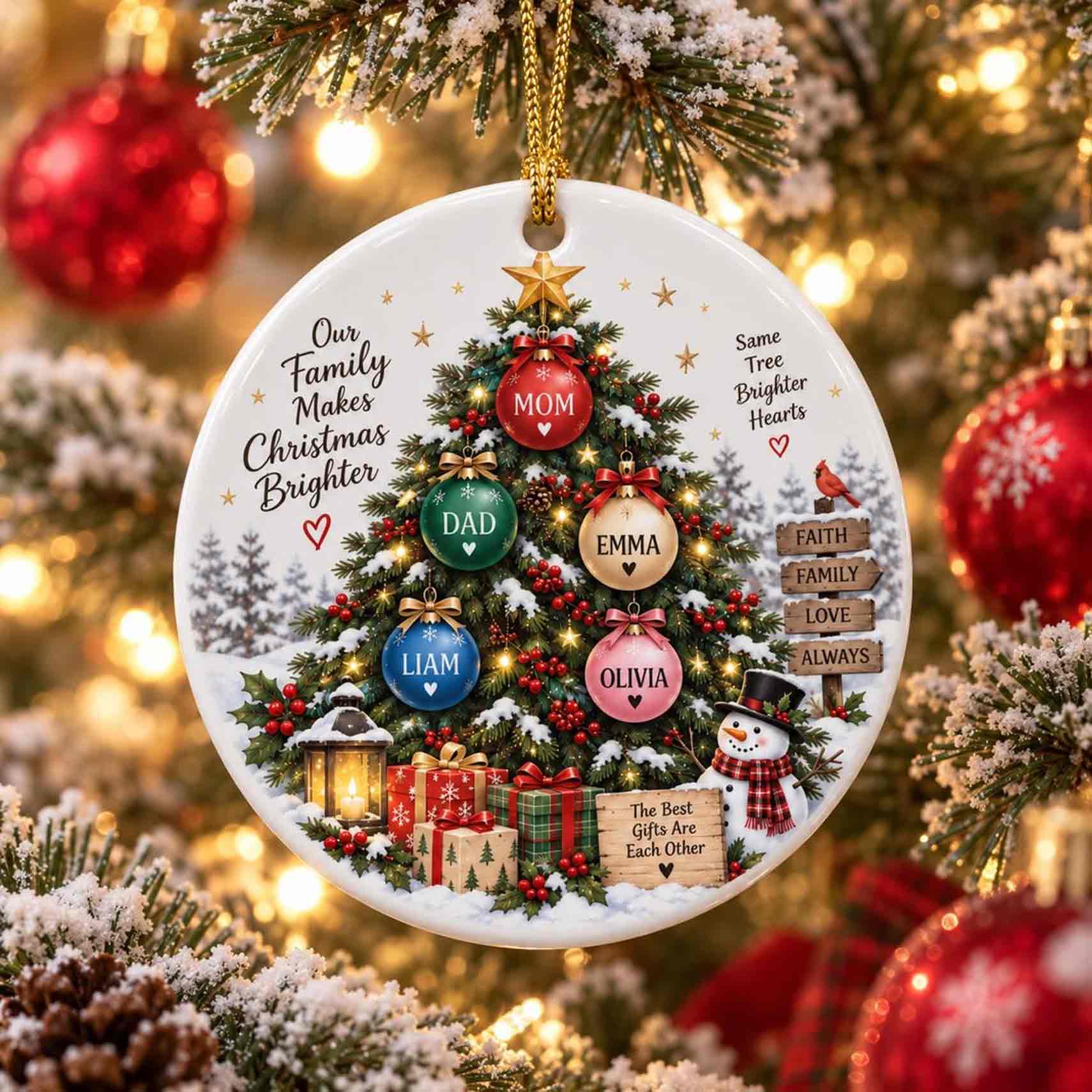 Our Family Makes Christmas Brighter Custom Name Family Ceramic Round Ornament