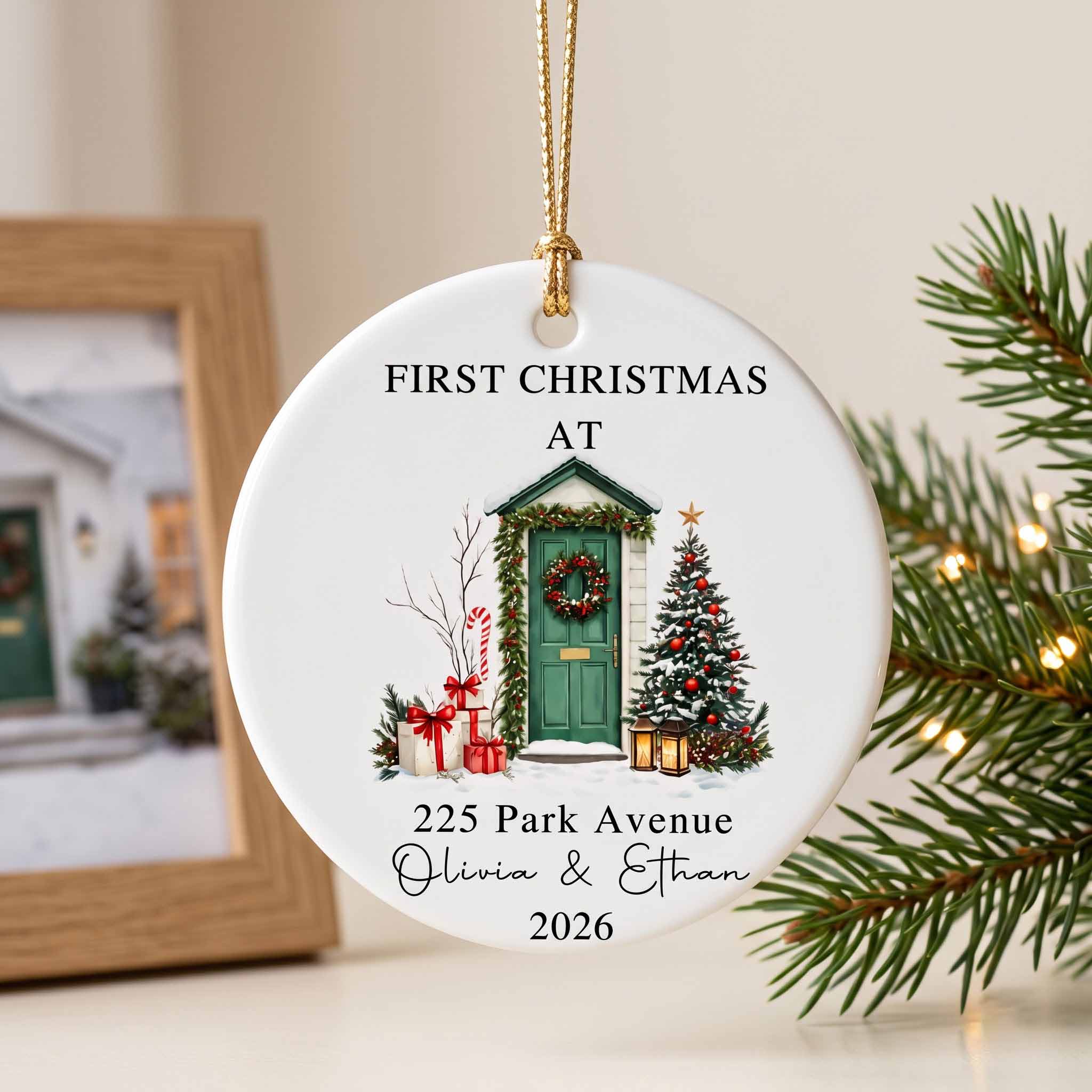 First Christmas at Our New Home 2026 Custom Name & Address New Home Housewarming Gift Round Ceramic Ornament