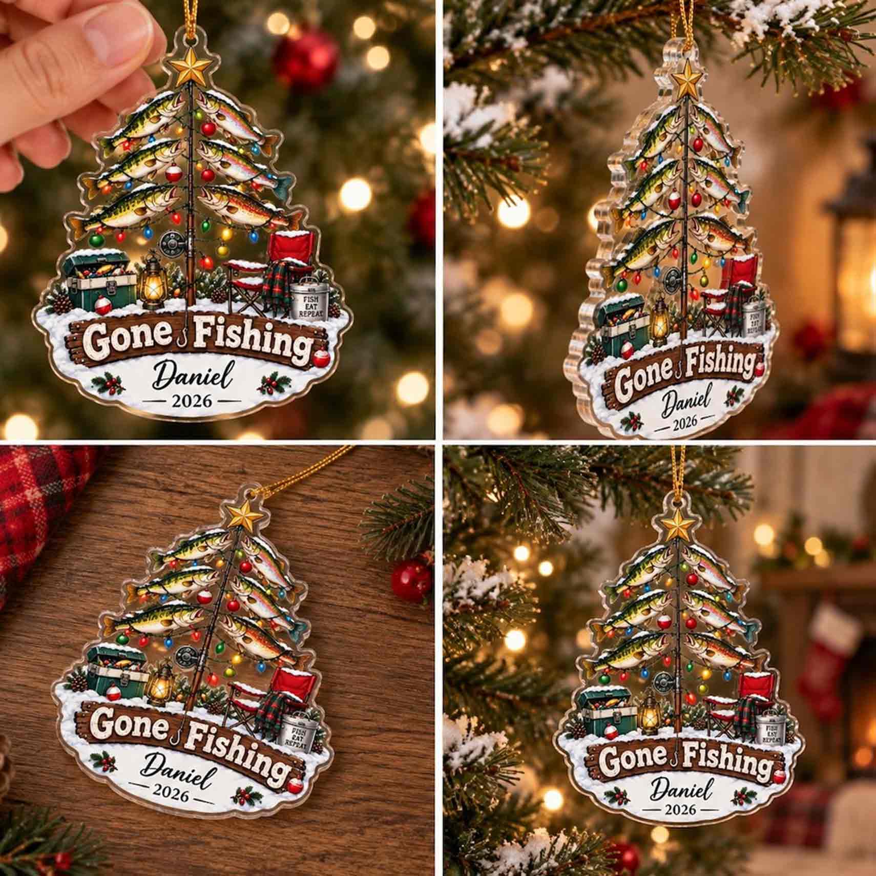 Gone Fishing Christmas Tree Custom Name Date Fishing Acrylic Ornament