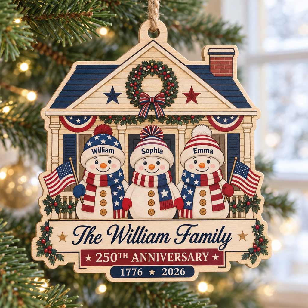 America's 250th Anniversary Snowman Family Custom Member Name Family Patriotic Family Wooden Ornament