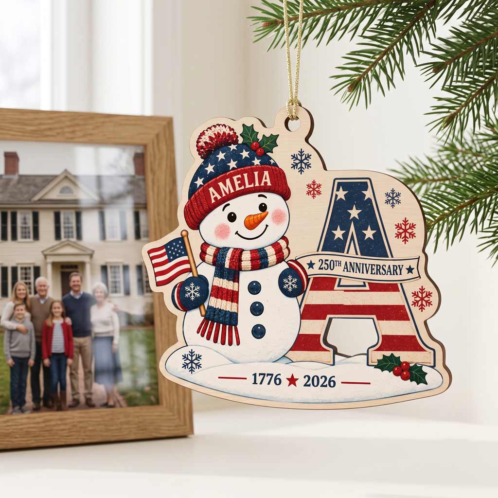 America's 250th Anniversary Snowman Initial Custom Name Family Wooden Ornament