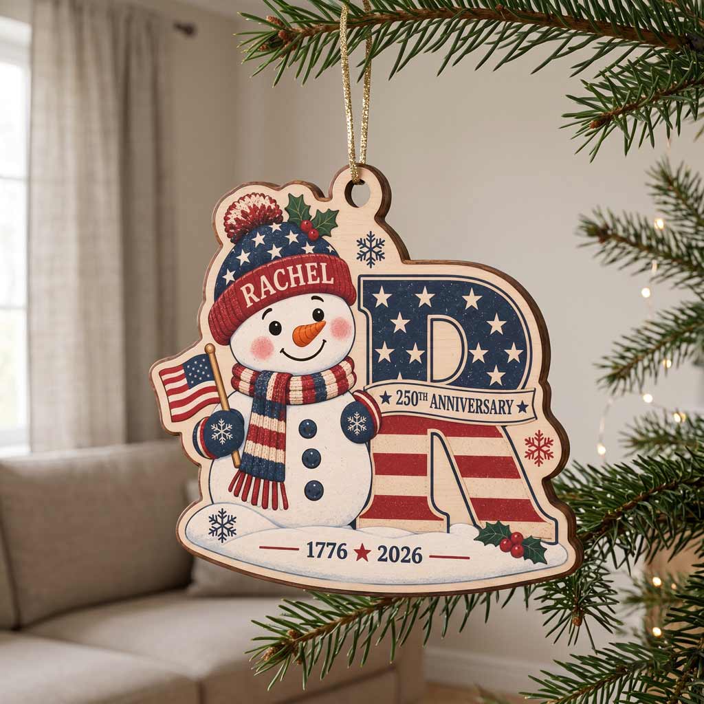 America's 250th Anniversary Snowman Initial Custom Name Family Wooden Ornament