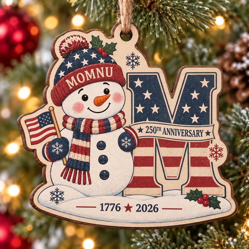 America's 250th Anniversary Snowman Initial Custom Name Family Wooden Ornament