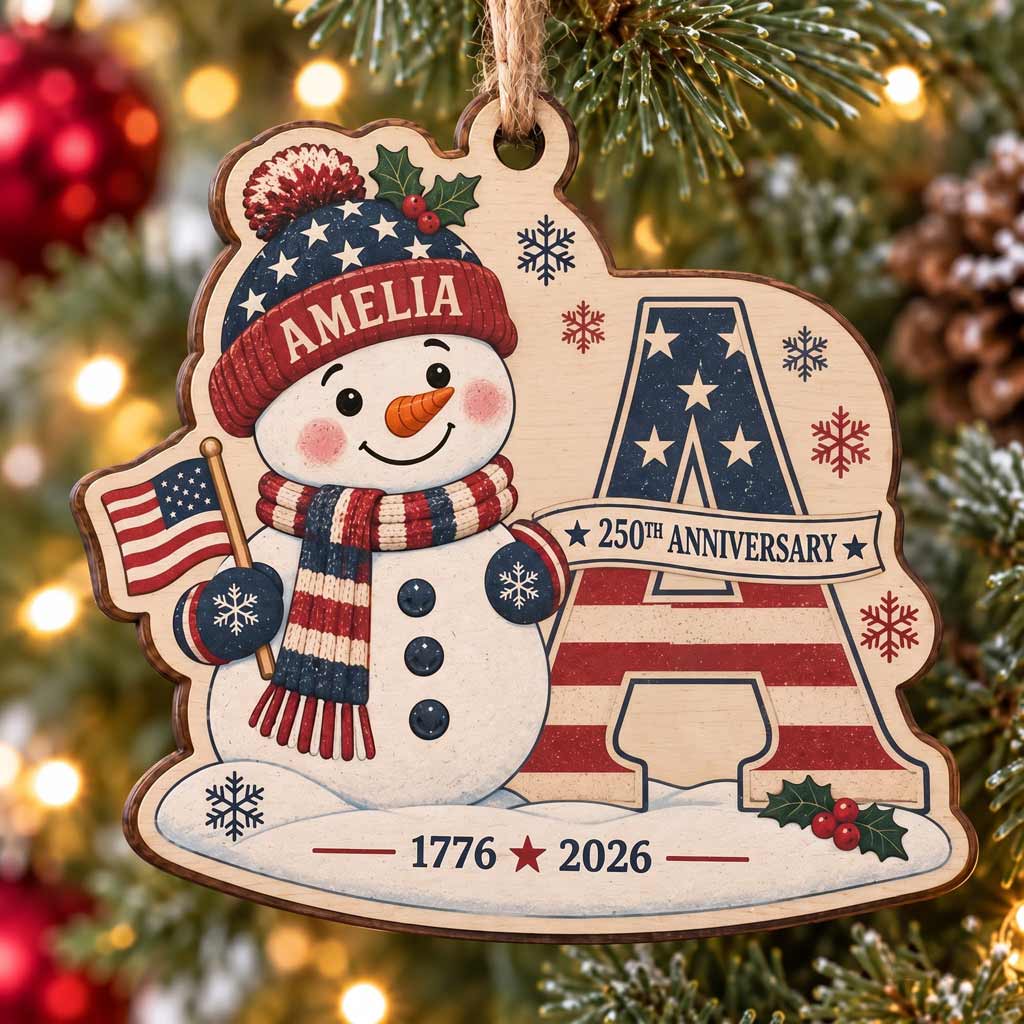 America's 250th Anniversary Snowman Initial Custom Name Family Wooden Ornament