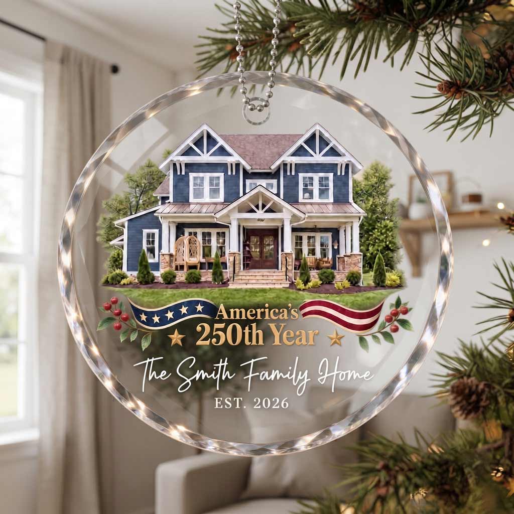 America's 250th Year New Home Custom Name Date Family Establishment New Home Patriotic Round Glass Ornament