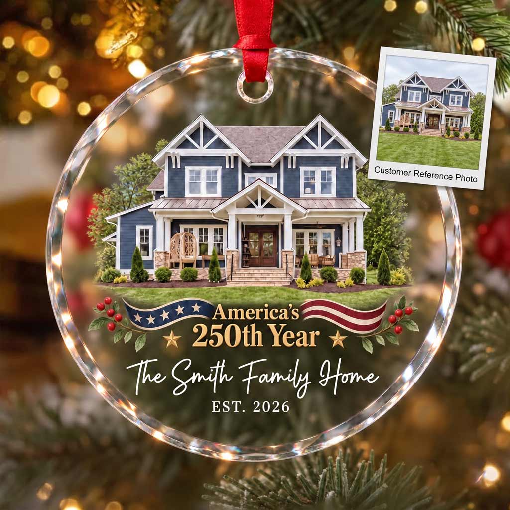 America's 250th Year New Home Custom Name Date Family Establishment New Home Patriotic Round Glass Ornament