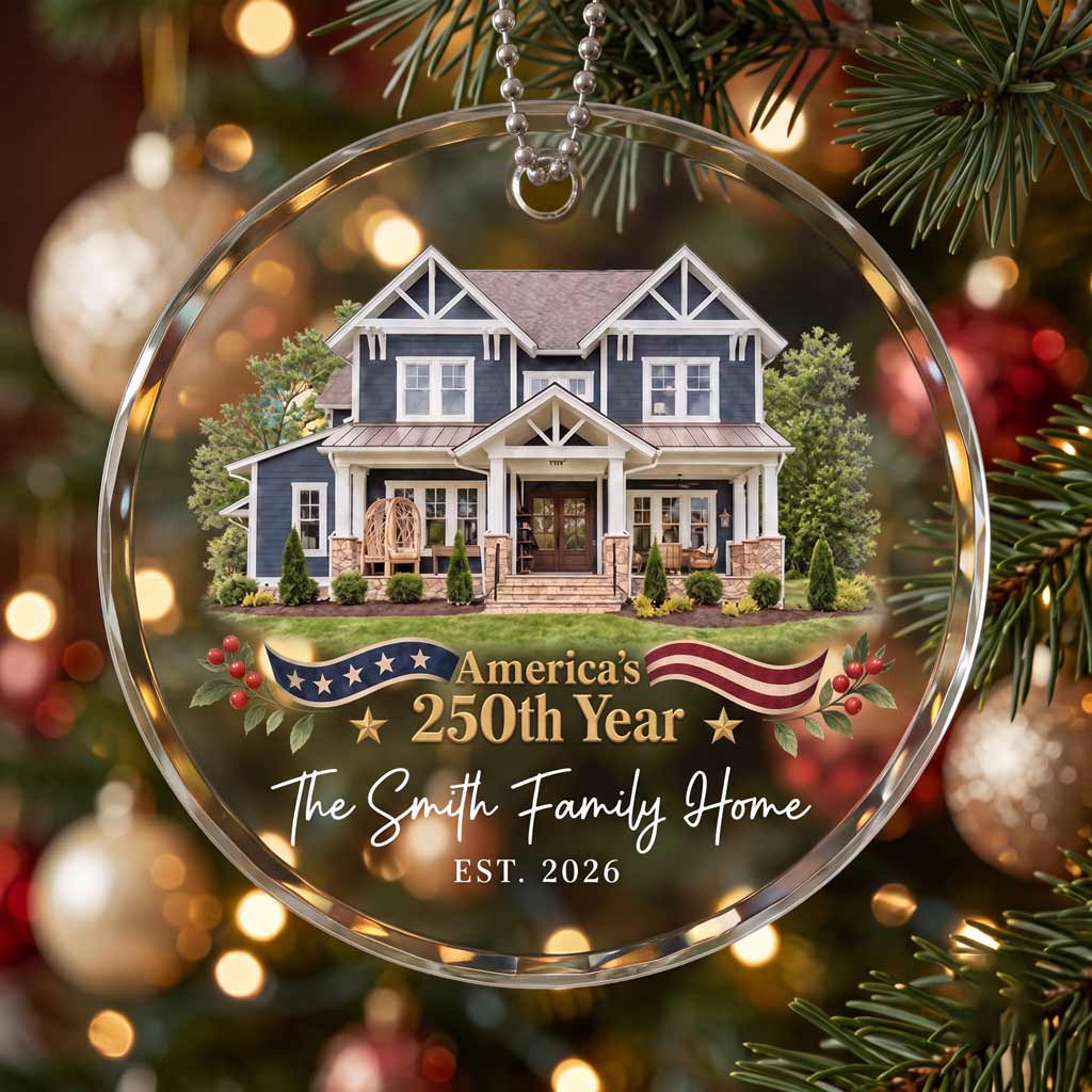 America's 250th Year New Home Custom Name Date Family Establishment New Home Patriotic Round Glass Ornament