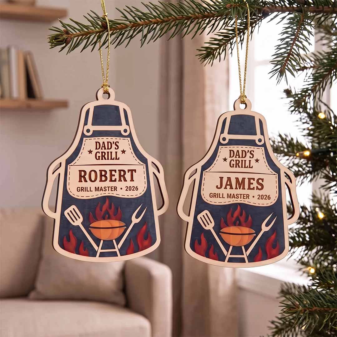Dad's Grill Apron Flame BBQ Personalized Custom Name Date Family 2-Layer Wooden Christmas Ornament BBQ Grill Master Gift for Dad