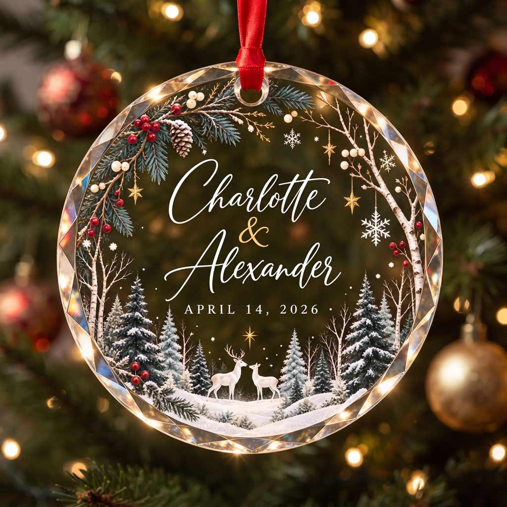 Winter Wonderland Couple Custom Names Date First Christmas Couple Wedding Round Glass Ornament