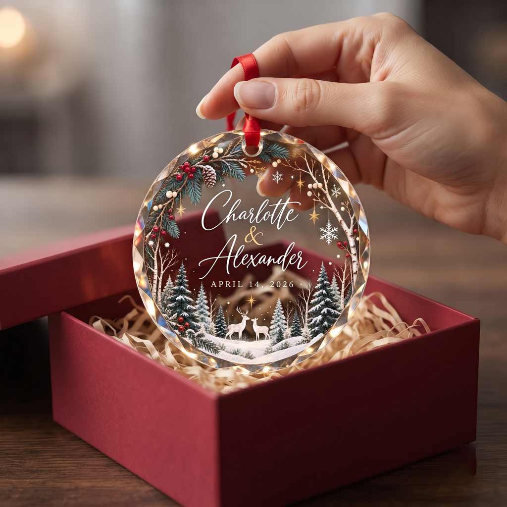 Winter Wonderland Couple Custom Names Date First Christmas Couple Wedding Round Glass Ornament