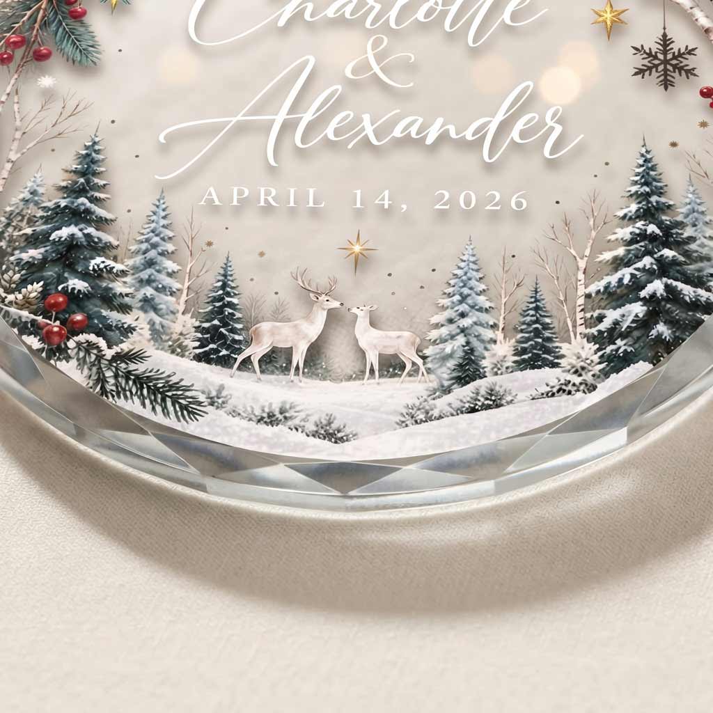 Winter Wonderland Couple Custom Names Date First Christmas Couple Wedding Round Glass Ornament